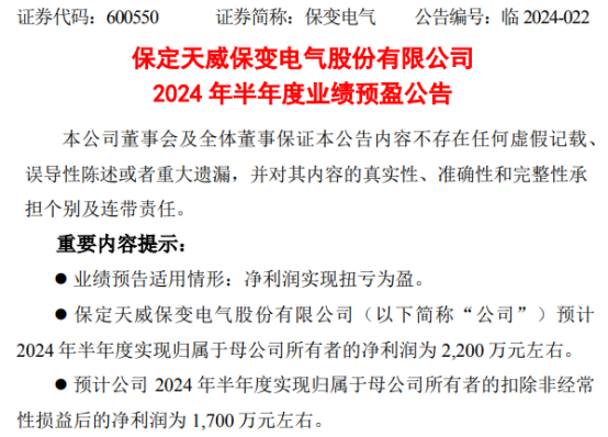 保变电气2024年上半年预计净利2200万同比扭亏为盈产品毛利增加(图1)