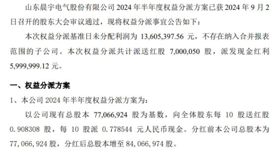 晨宇电气2024年半年度权益分派每10股送红股091股派现078元共计派发现金红利600万元(图1)